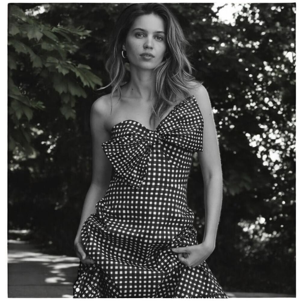 Anthropologie x Hutch Strapless Maxi Dress with Front Bow Black Gingham Size 0